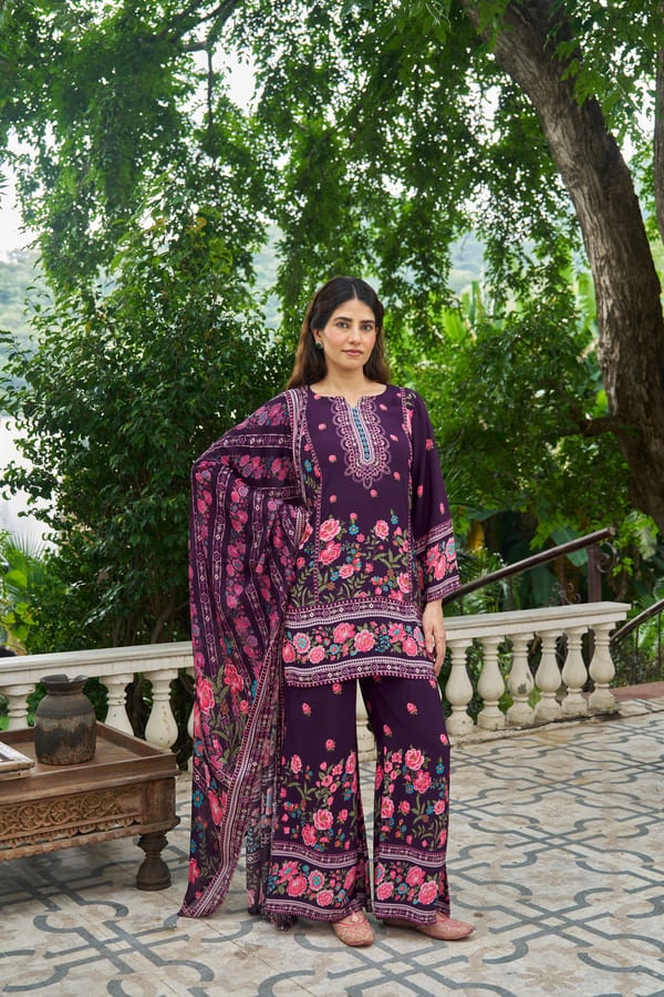 Wine Floral Printed Kurta Set with Palazzo and Dupatta — NARAYANI VASTRA