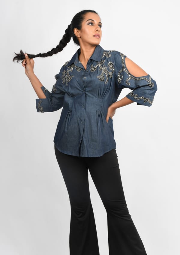 Denim Shirt with Cold Shoulders and Embroidery — Richa Goenka