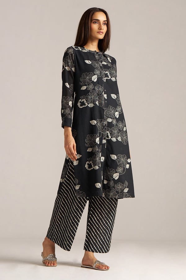 Black and White Floral Kurta and Wide-Leg Pant Co-ord Set — Ganga Fashions Pvt Ltd