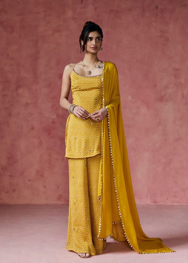 Ria Mustard Bandhani Embellished Sharara Set — Lea Clothing