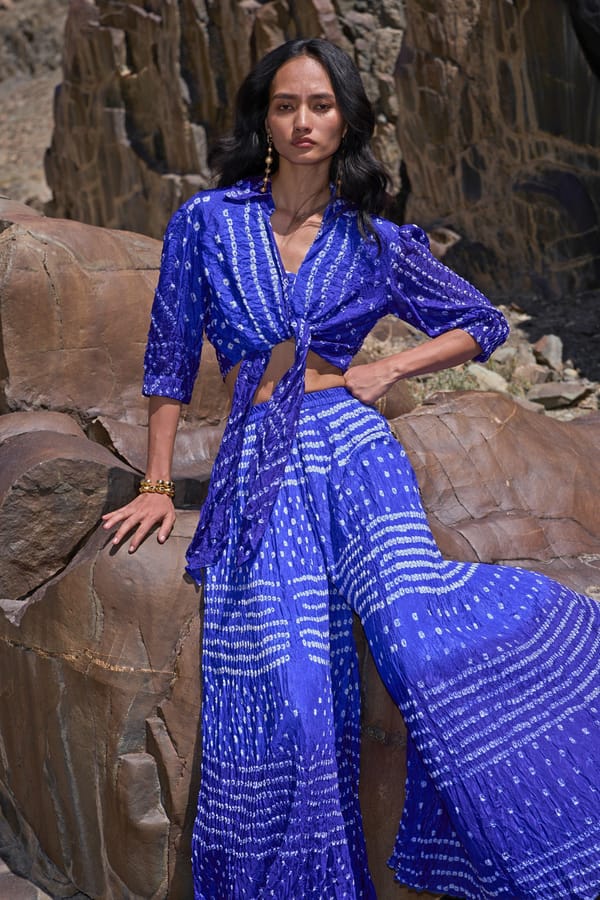 Royal Blue Bandhani Tie-Knot Crop Shirt — Dash and Dot