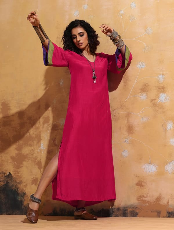 Pink Muslin Silk Straight Maxi Dress with Bell Sleeves — Truebrowns