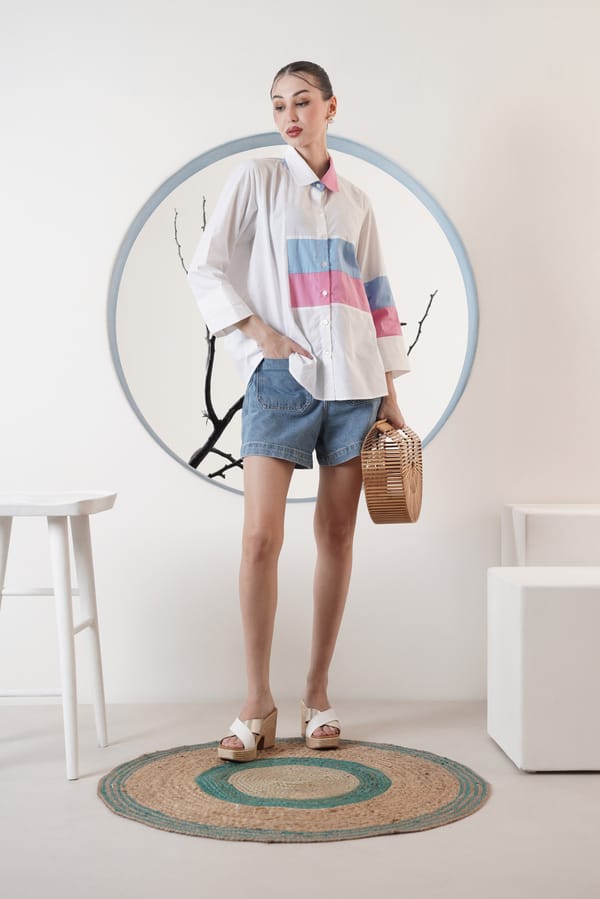 White Colourblock Button-Down Shirt with 3/4 Sleeves — SURABHI ARYA