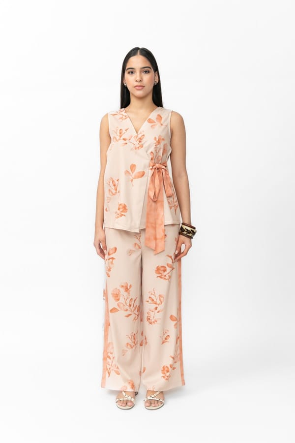 Beige Floral Wrap Top and Straight Pants Co-ord Set — Contemponari