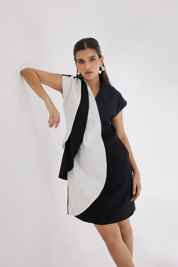 Black and White Colorblock V-Neck Mini Dress — AAMILI