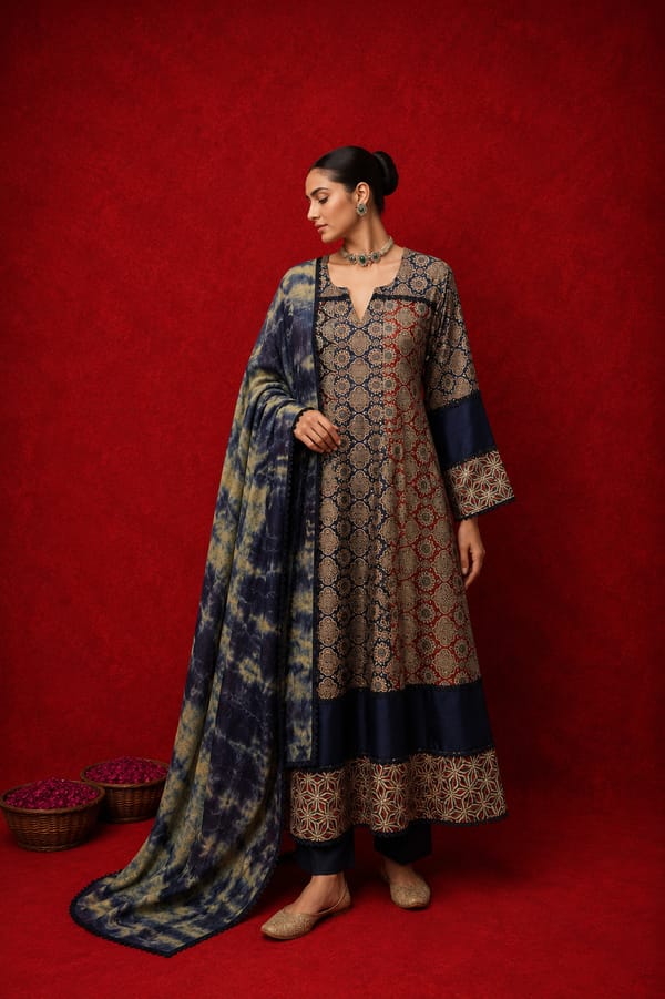 Naseebo Gulbadan Ajrakh Anarkali Kurta Set — Naseebo