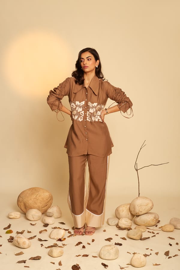 Brown and Cream Colorblocked Embroidered Co-ord Set — An'era by Asmita Verma