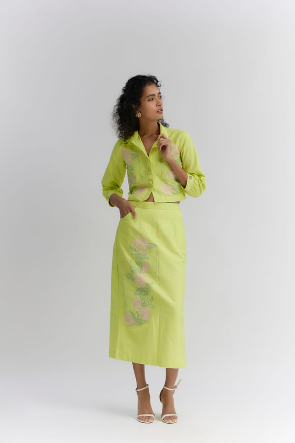 Lime Green Embroidered Pencil Midi Skirt Set — Itara an another