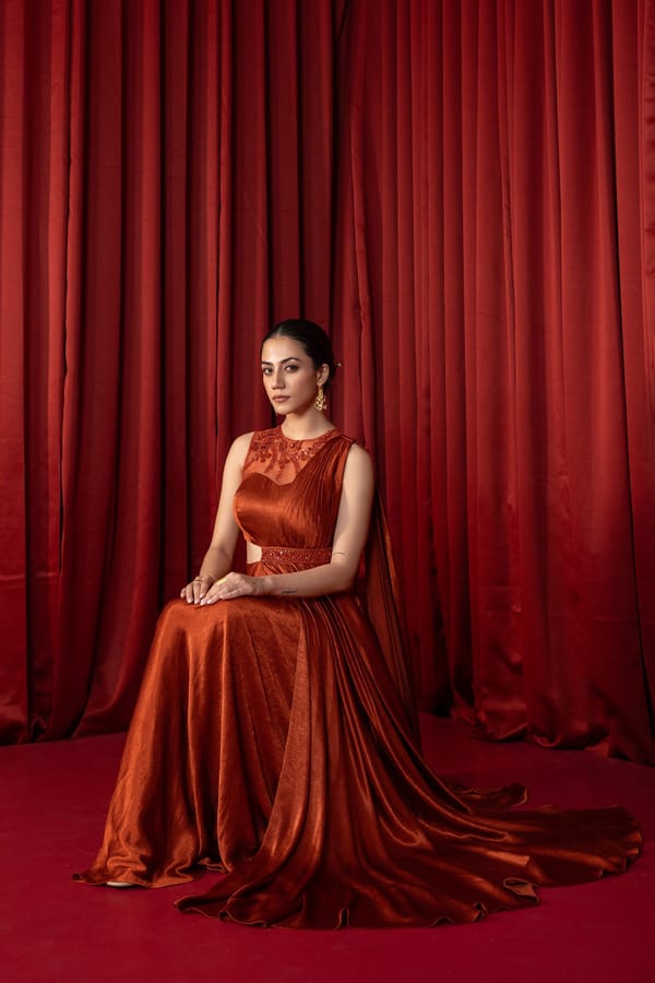 Burnt Sienna Satin One-Shoulder Drape Maxi Gown — QUNIC