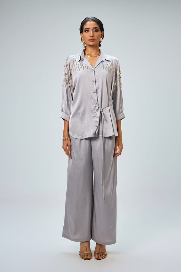 Silver Metallic Shirt and Wide-Leg Pants Co-ord Set — KOR