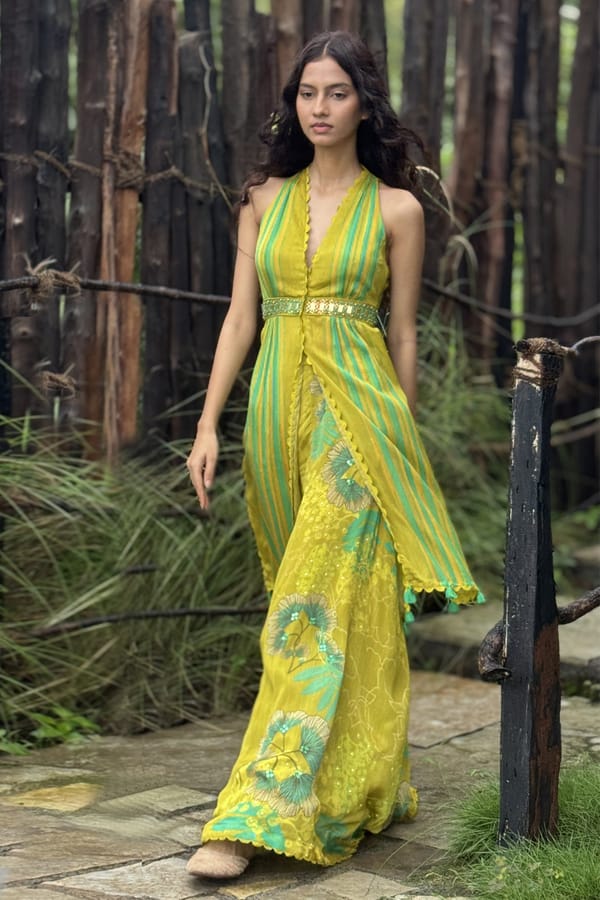 Lime Chiffon Halter Neck Printed Co-ord Set with Pants — Basil Leaf