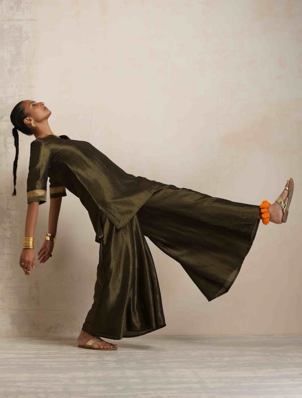 Olive Green Tissue Kurta and Flared Sharara Set — Truebrowns