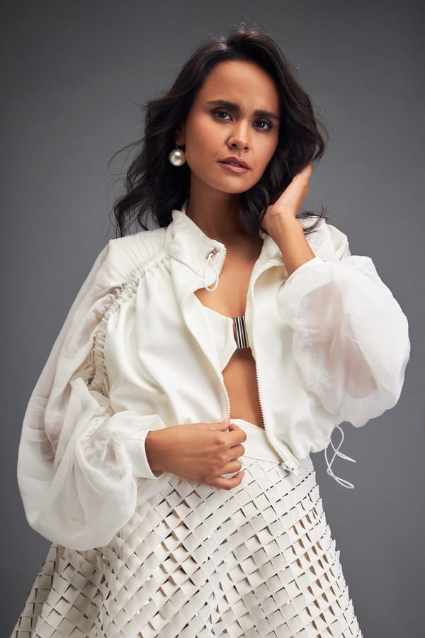 Cropped Bomber Jacket with Sheer Organza Sleeves — Deepika Arora