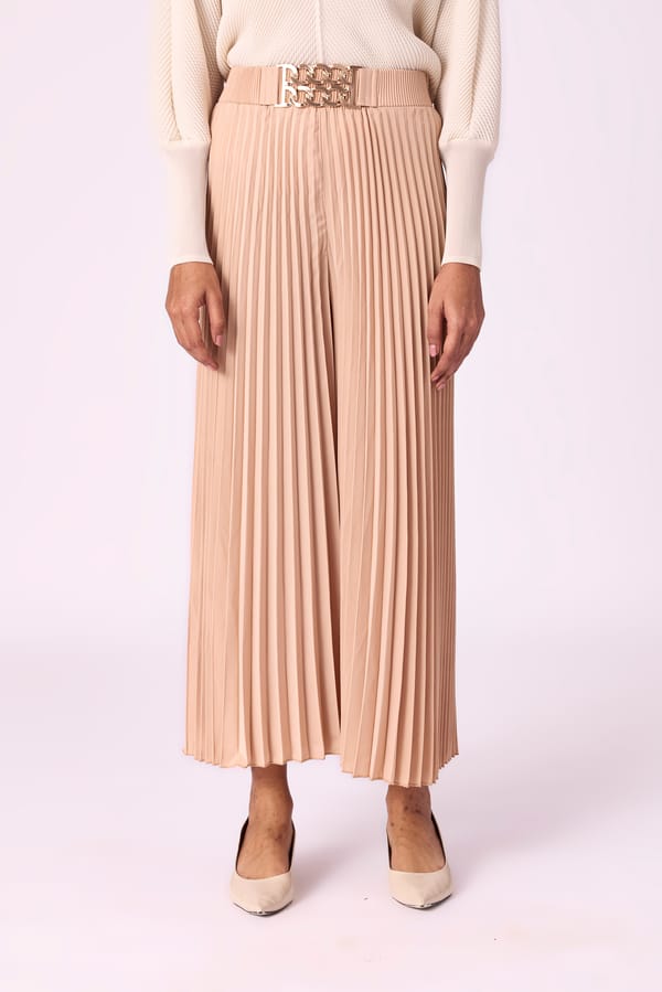 Camel Accordion-Pleated Wide-Leg Trousers — Scarlet Sage