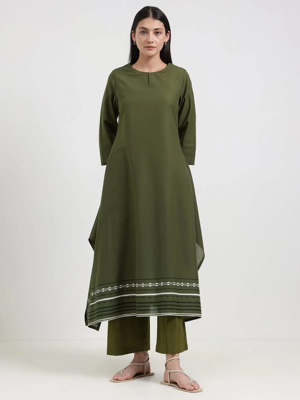 Cotton Striped A-Line Kurta - Green — Pink Fort