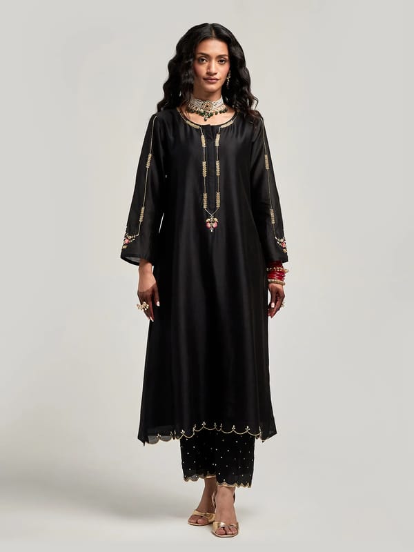 Black Silk Chanderi Embroidered Straight Kurta — Anantaa
