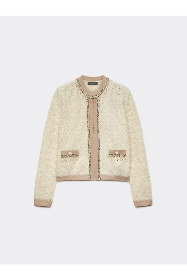 Beige Textured Cropped Cardigan with Crystal Trim — ELENA MIRO