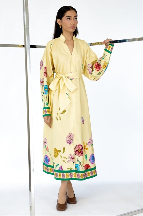 Yellow Hand-Painted Floral Belted Poplin Maxi Dress — THE FINICKY COLORIST