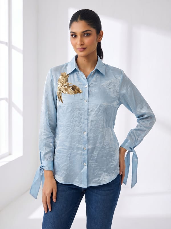 Blue Tissue Button-Down Shirt with Gold Motif — Missy Co.