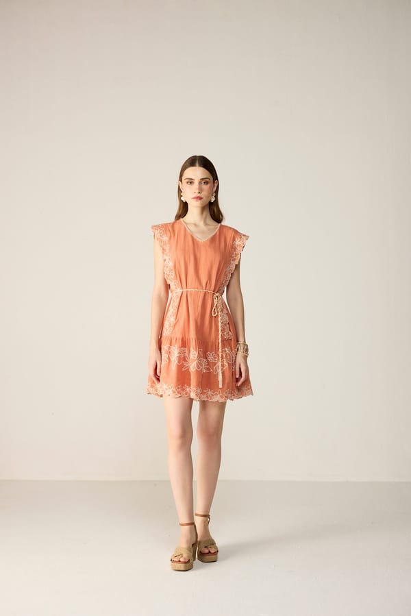 Burnt Orange Embroidered Mini Dress with Waist Tie — Calling June