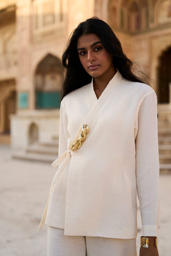 Ivory Textured Wrap Top with Side Tie and Gold Chain — Dash and Dot
