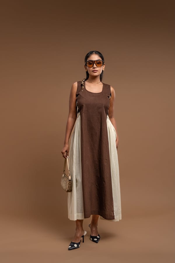 Mocha Brown Colorblocked A-Line Midi Dress — D Mak