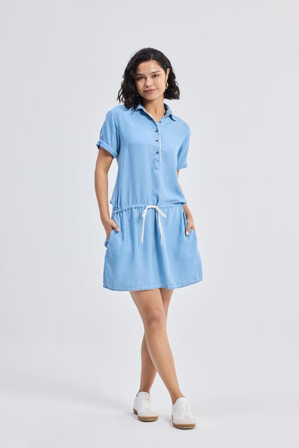 Drawstring Denim Shirt Dress with Front Buttons — REISTOR