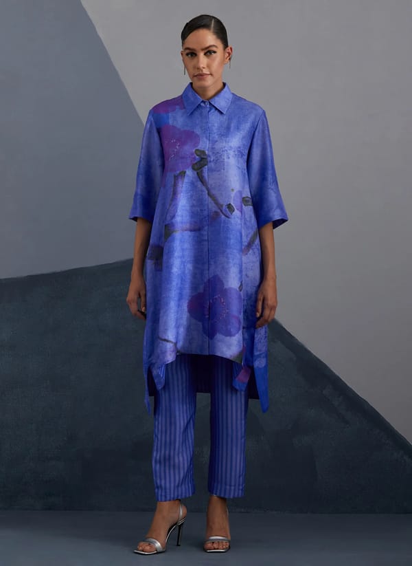 Blue Printed Longline Kurta and Pant Co-ord Set — CLOS