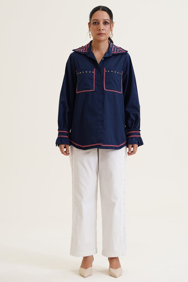 Navy Cotton Shirt with Embroidered Collar and Stud Detail — STITCH STORIES
