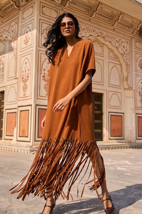 Rust Suede-Finish Fringe Hem Kaftan — Dash and Dot