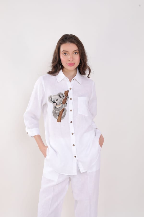 White Linen Koala Embroidered Button-Down Shirt — Linen Bloom