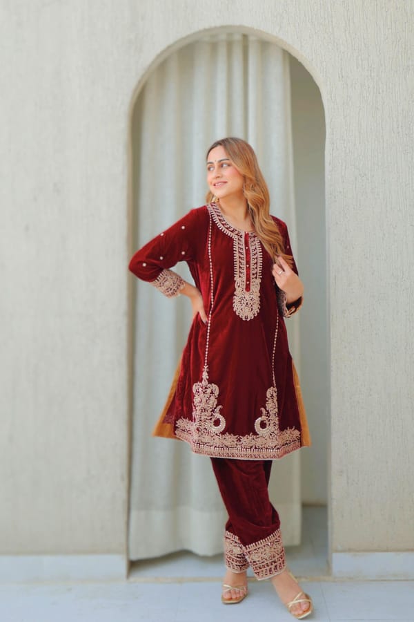 Maroon Velvet Embroidered Straight Short Kurta Set — Sheetal Batra