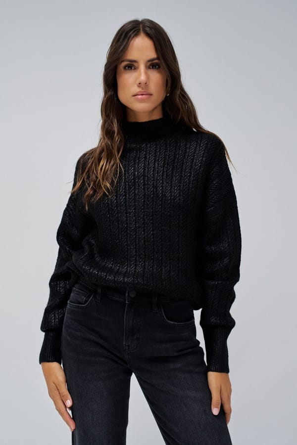 Black Shimmer Rib-Knit High Neck Pullover Sweater — SALSA JEANS