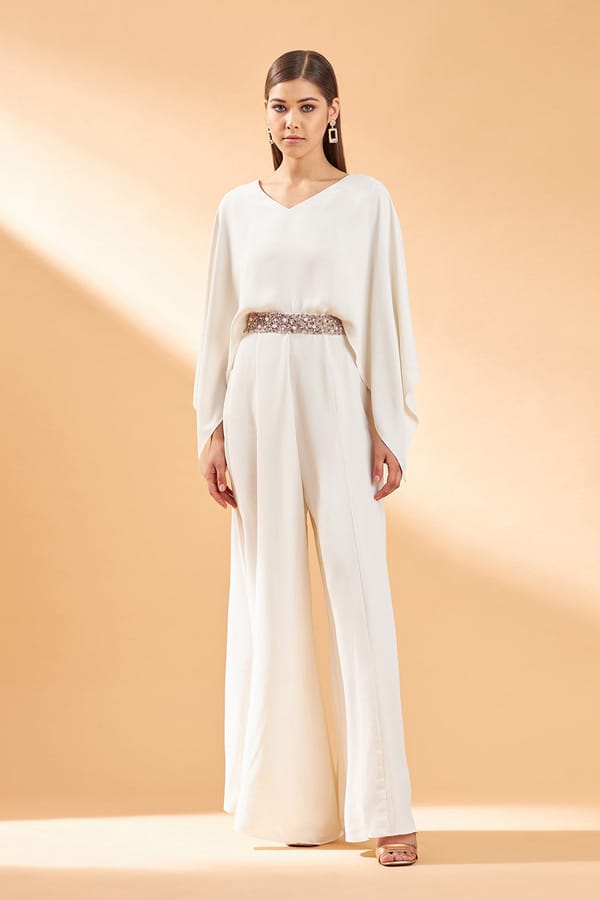Cream Draped Cape Sleeve Jumpsuit with Embellished Belt — Aakaar