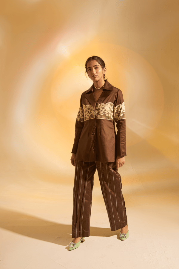 Brown Cotton Satin Blazer and Striped Pants Co-ord Set — An'era by Asmita Verma