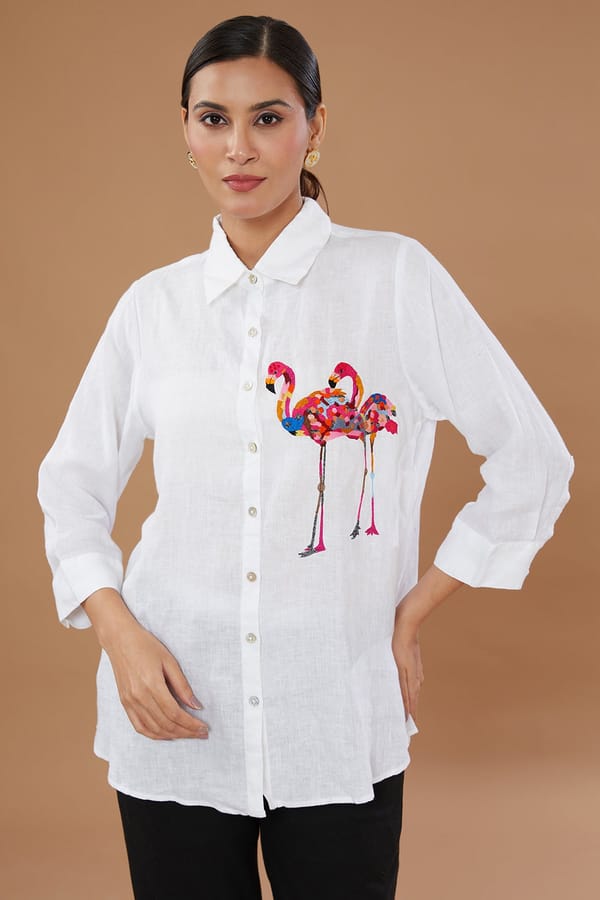 White Linen Shirt with Flamingo Embroidery — Linen Bloom