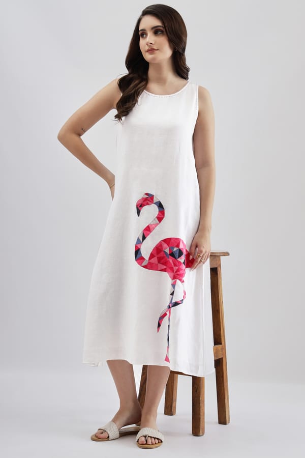 White Linen Sleeveless Midi Dress with Flamingo Motif — Linen Bloom