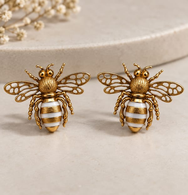 18kt Gold-Plated white Enamel HoneyBee Motif Studs — Tarusm