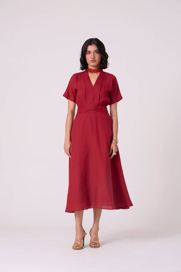 Red Linen A-Line Midi Dress with Knot Waist — The Summer House