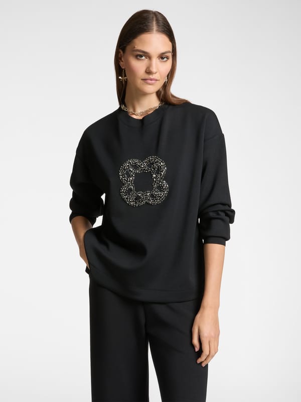 Black Boxy Sweatshirt with Tonal Embellished Motif — ELENA MIRO