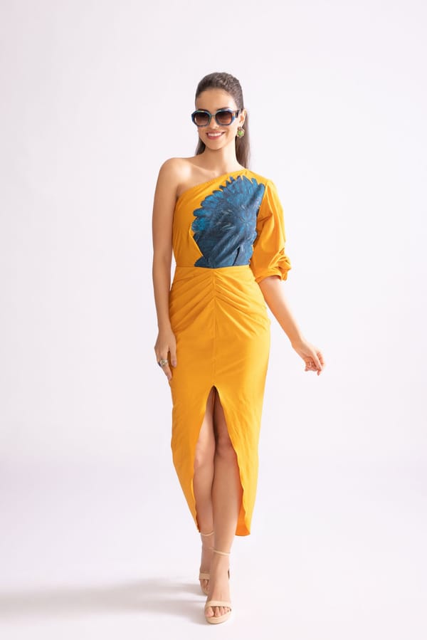 Mustard/Blue One-Shoulder Floral Placement Maxi Dress — Saaksha and Kinni