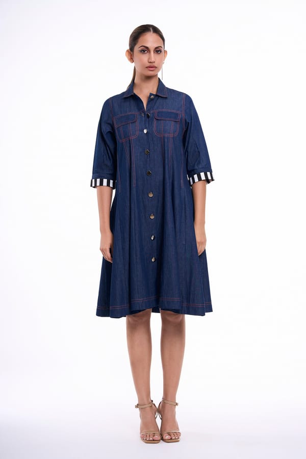 Blue Denim Fit and Flare Shirt Dress — KOR