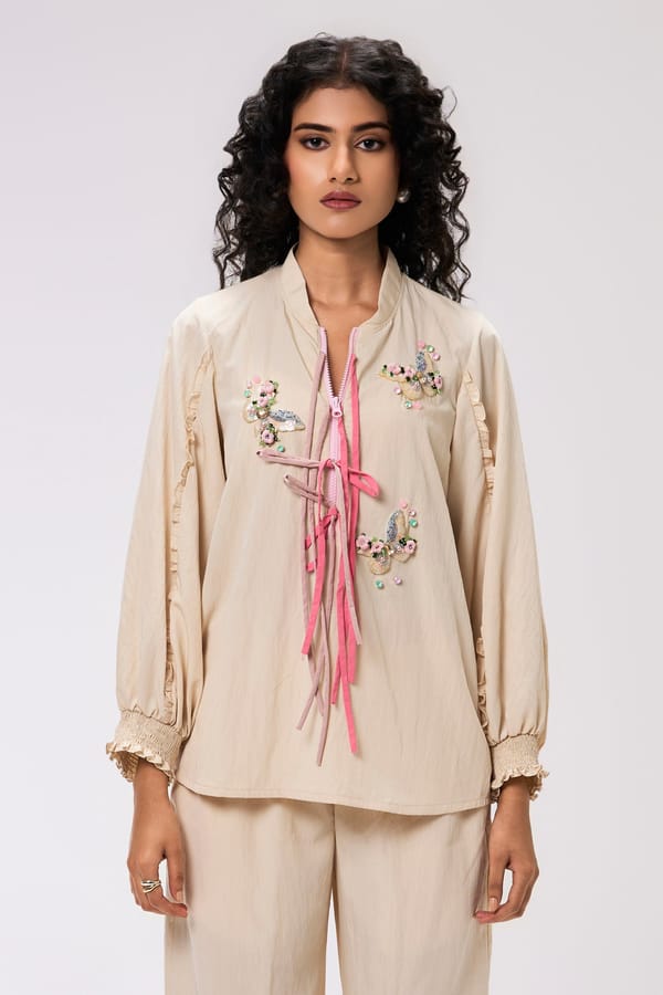 Pastel Beige Butterfly Embellished Zip-Neck Shirt — KOR