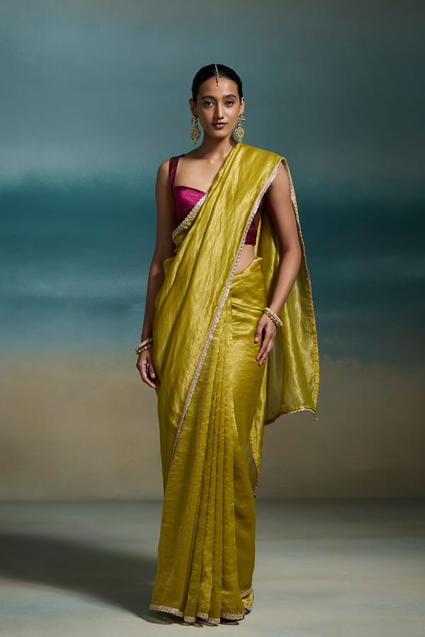 Green Chanderi Saree with Gold Zari Stripes and Sequin Border — Dressfolk