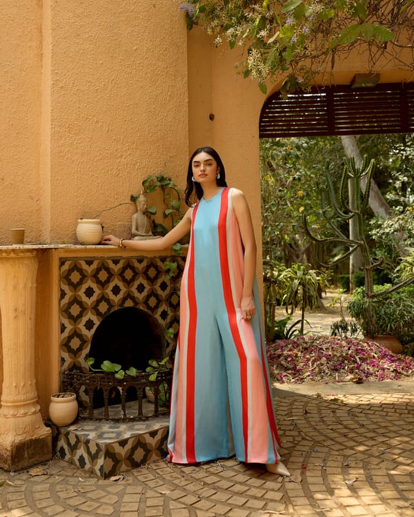 Multi-Color Striped Linen Satin Wide-Leg Jumpsuit — House of Soi