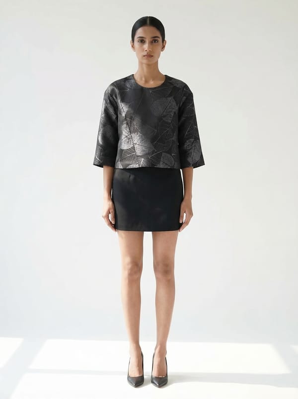 Grey/Black Leaf Jacquard Boxy Crop Top — KIHIKI
