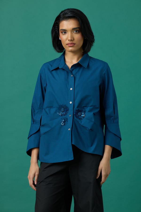 Moss Green Cotton Poplin Appliqué Shirt — 63East