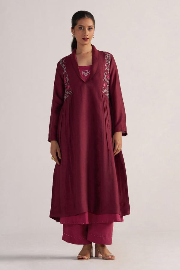Burgundy Embroidered A-Line Co-ord Set with Wide-Leg Pants — Ganga Fashions Pvt Ltd