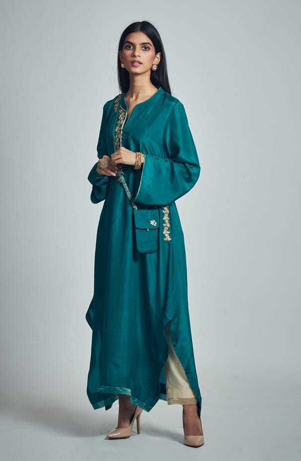 Emerald Green Habutai Silk Embroidered Choga Kurta — Sheetal Batra