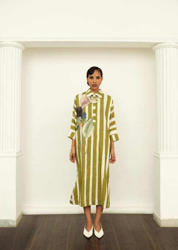 Olive/White Striped Midi Shirt Dress — Ofrida